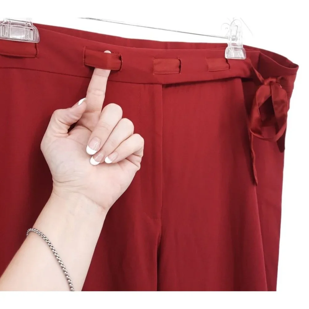 VTG 90s Apostrophe Burgundy High Rise Satin Ribbon Belt Bow Tie Dress Pants 18 - Picture 6 of 12